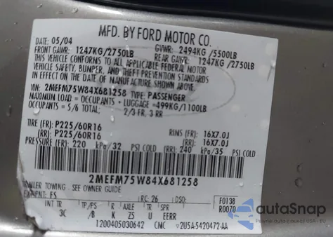 2004 Mercury Grand Marquis Ls z USA, uszkodzony, nr VIN 2MEFM75W84X681258